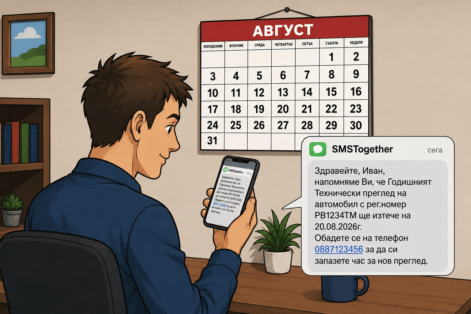 Клиент получава автоматично SMS напомняне за изтичащ технически преглед